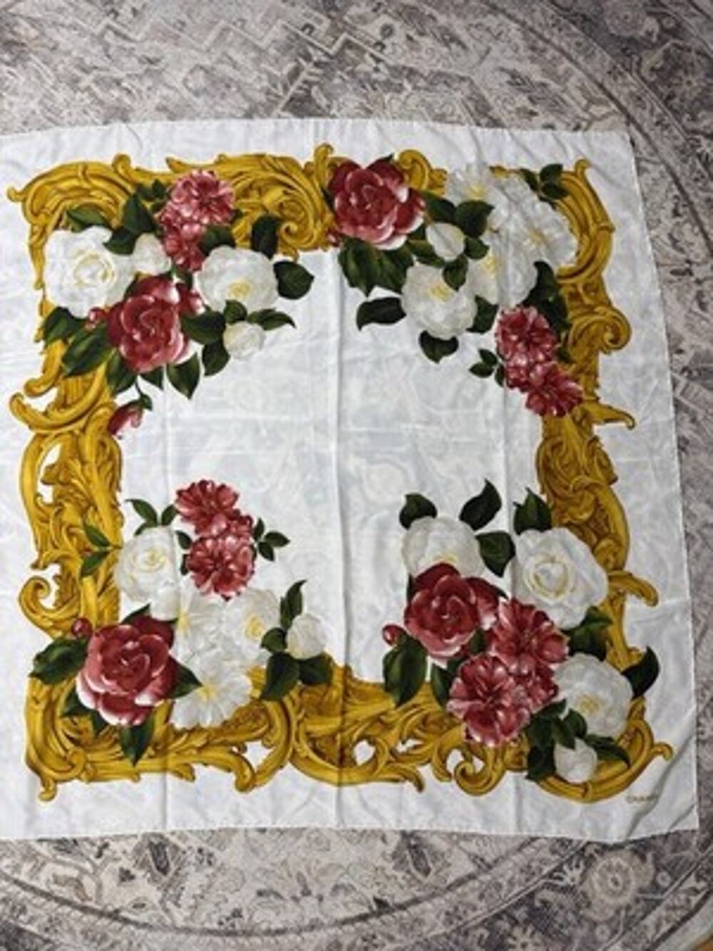 Vintage CHANEL Camellia Baroque Silk Scarf Square White Red Gold Scrollwork 38”